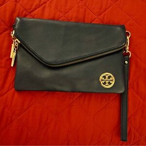 Tory Burch Navy Blue Leather Clutch with Gold Logo and Accents. Preowned.